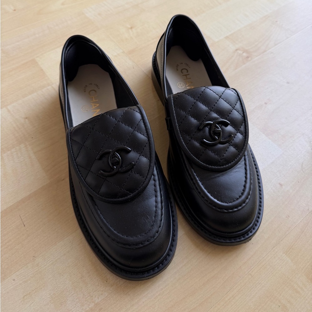 CHANEL Black Quilted Leather CC Logo Loafers Mules
